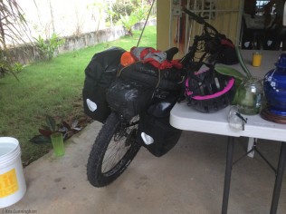 Pari's heavier mountain bike also packed and ready to go.
